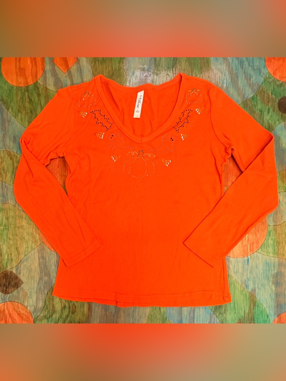 Womens L.A. Blues Orange Embroidered Bedazzled Pumpkin Long Sleeve V Neck Shirt